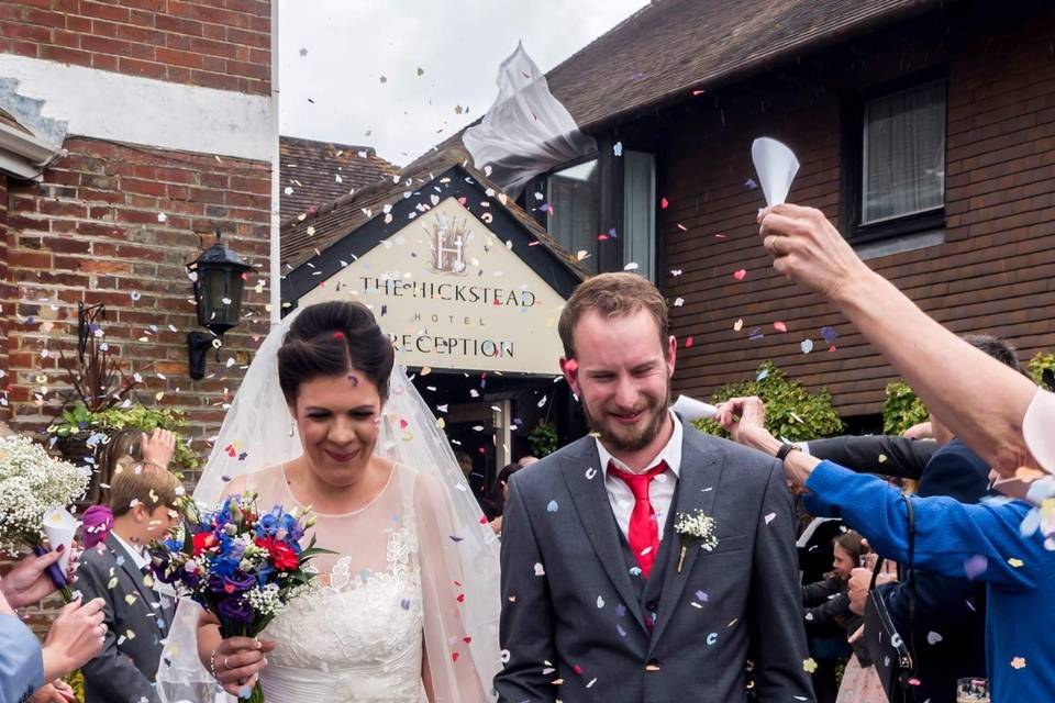 Confetti welcome for the new Mr and Mrs