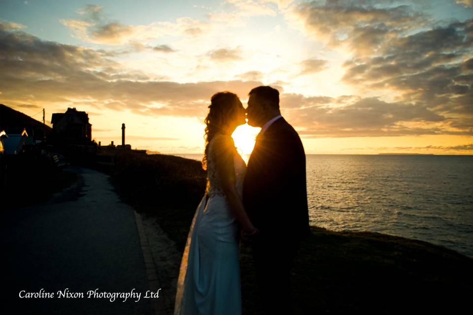 Sunset bride and groom