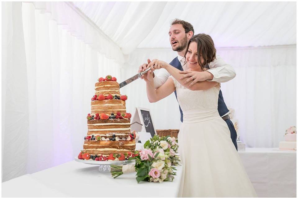 Newlyweds cutting the cake