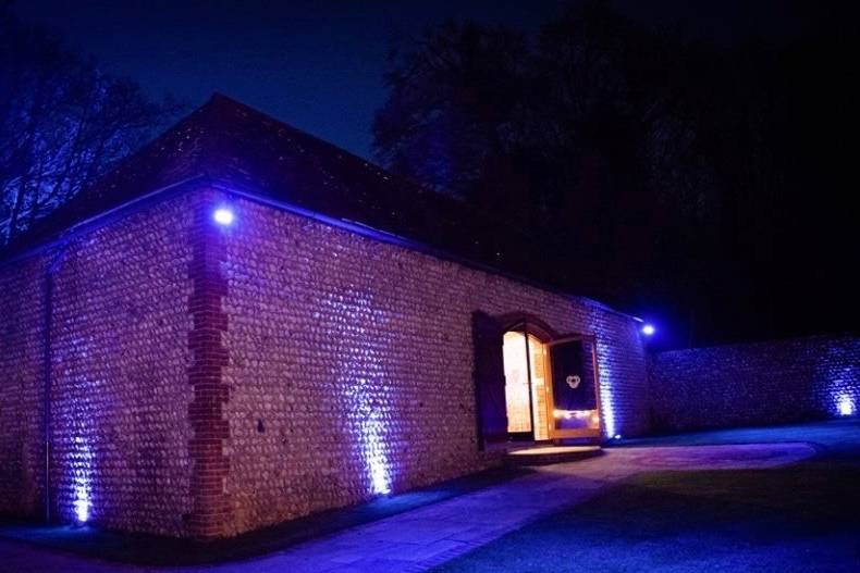 Ceremonial Barn lit up at night