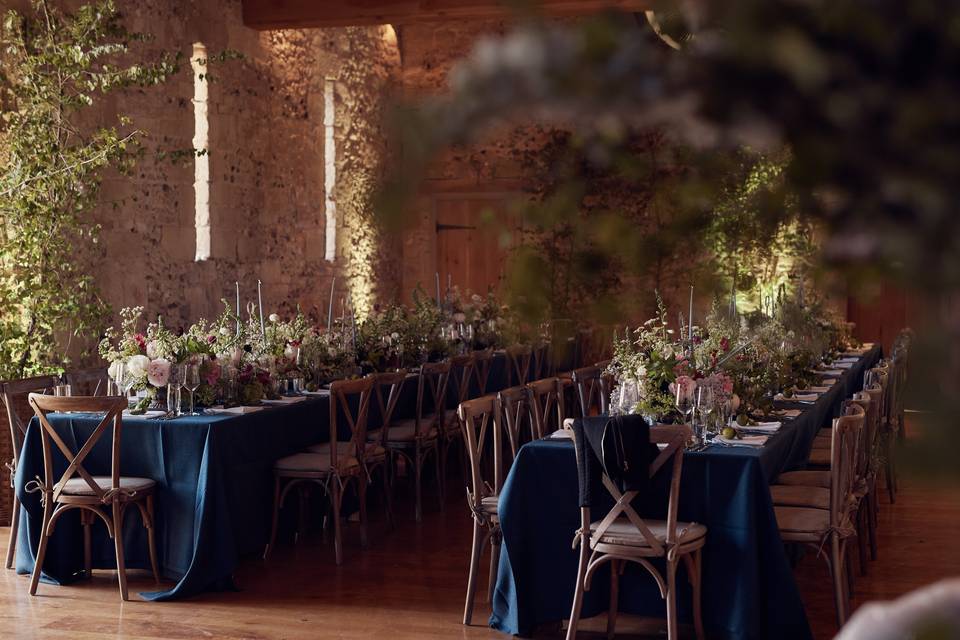 Long tables, blue linen