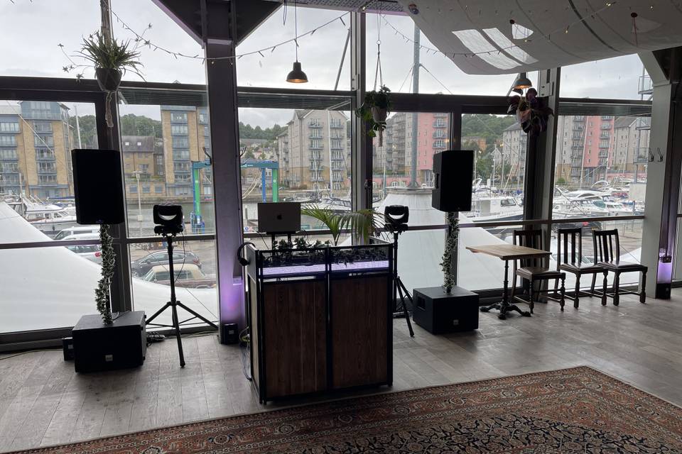 Rustic booth, city views