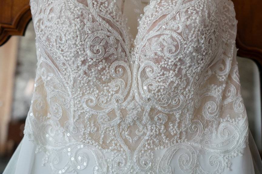 Close up of the wedding dress