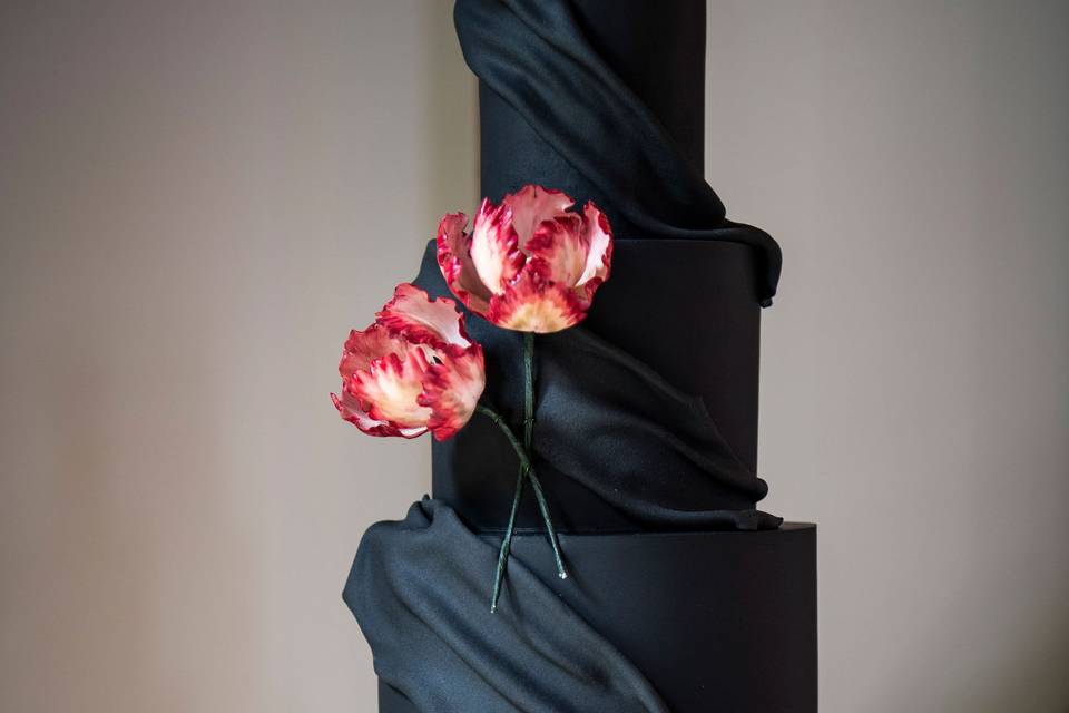 Black drape with sugar tulips