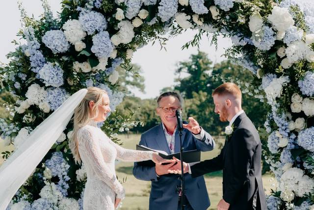 Bride, Groom, sun & flowers