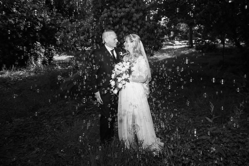 Couple portrait with bubbles