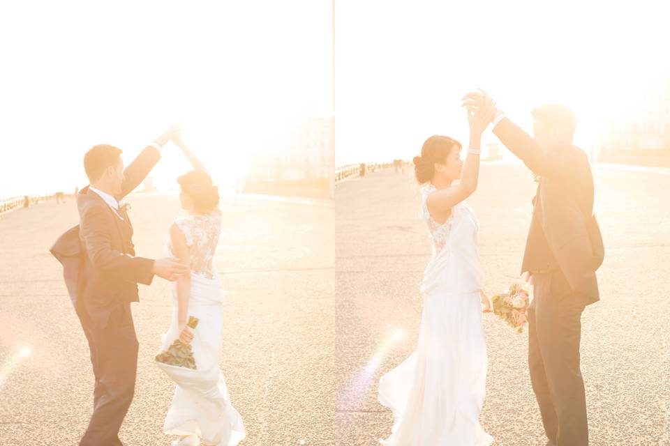 Bride and groom dancing sunset