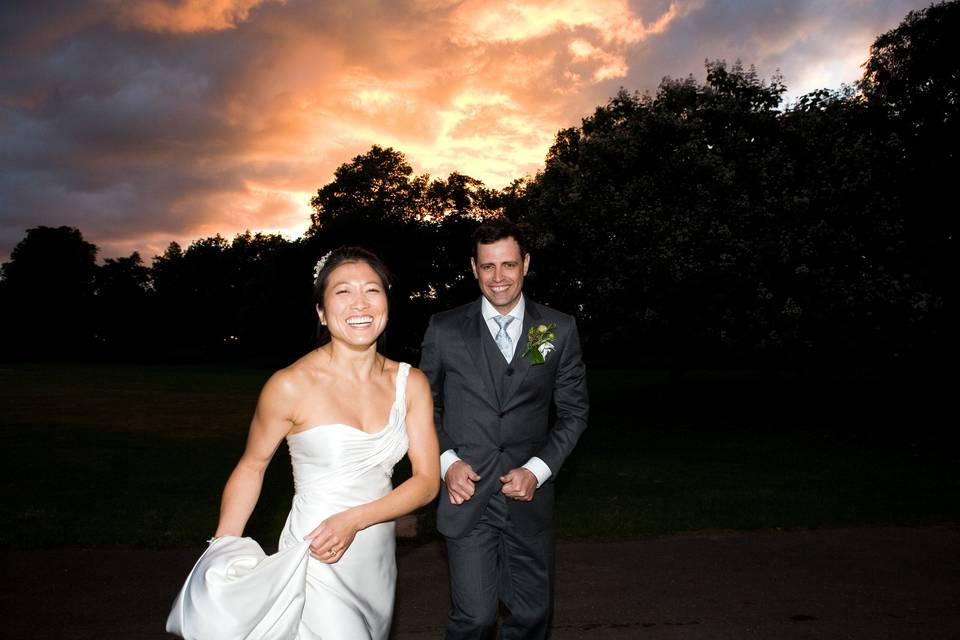 Bride and groom in the sunset