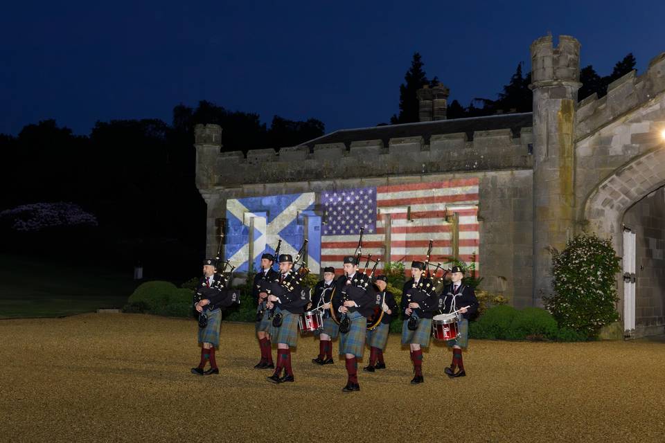 American Flag and pipe band