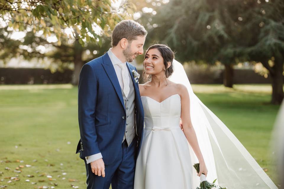 Bride and groom laughing