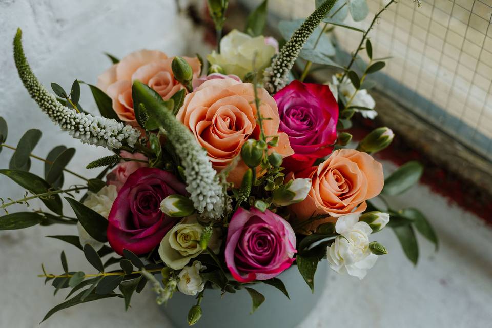 Antique roses and eucalyptus