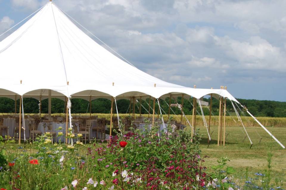 Petal pole marquee countryside setting