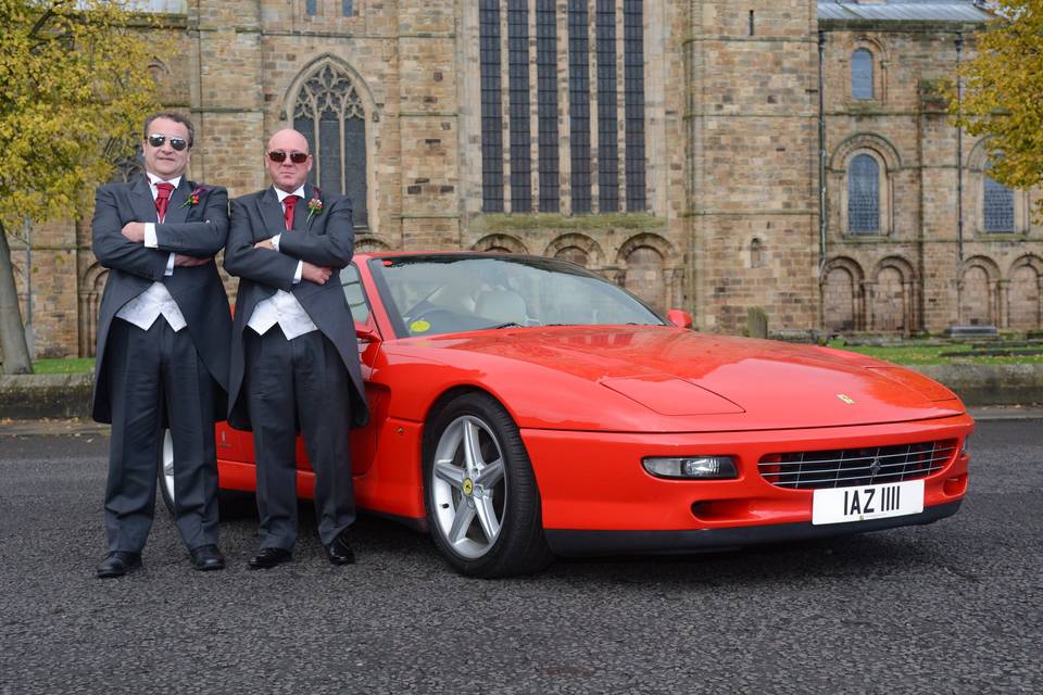 Bridesmaids with red mustang