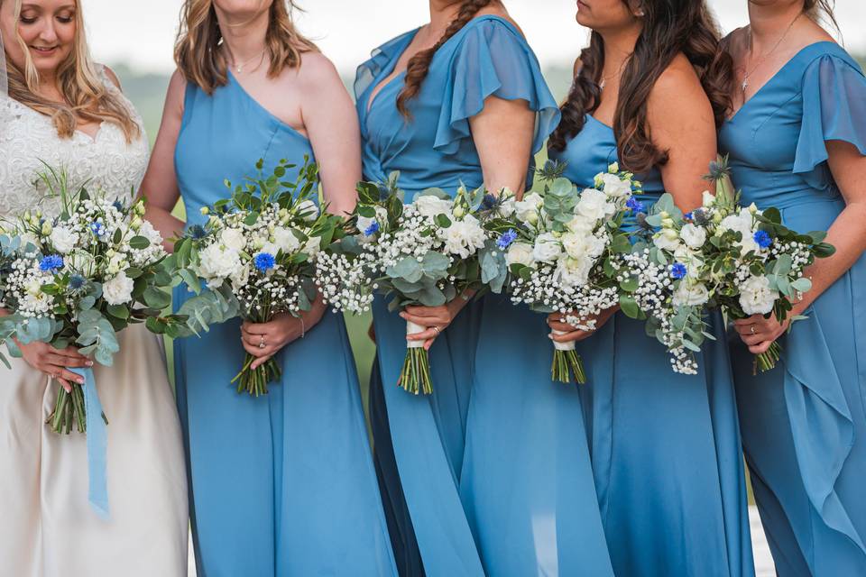 Blue and white bouquets