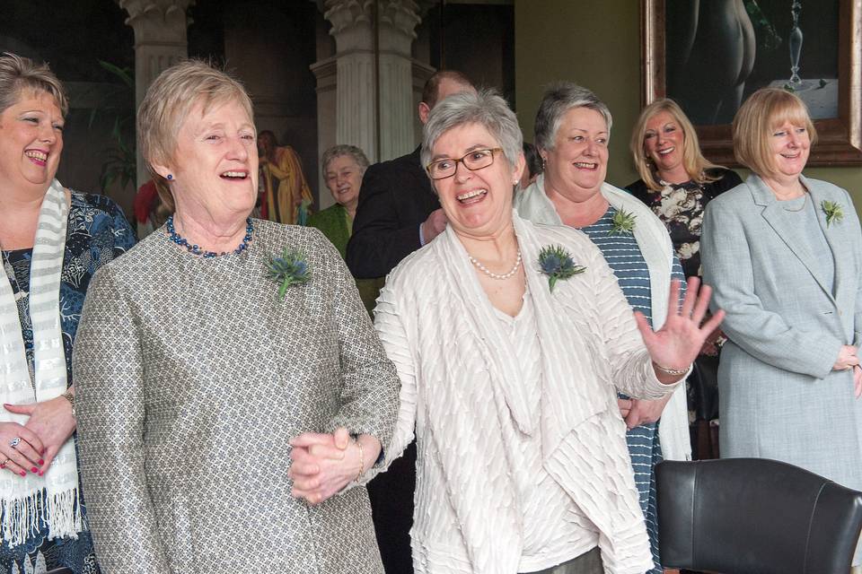 Brides laughing with joy