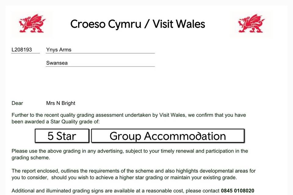 5 Star Award Welsh Tourism