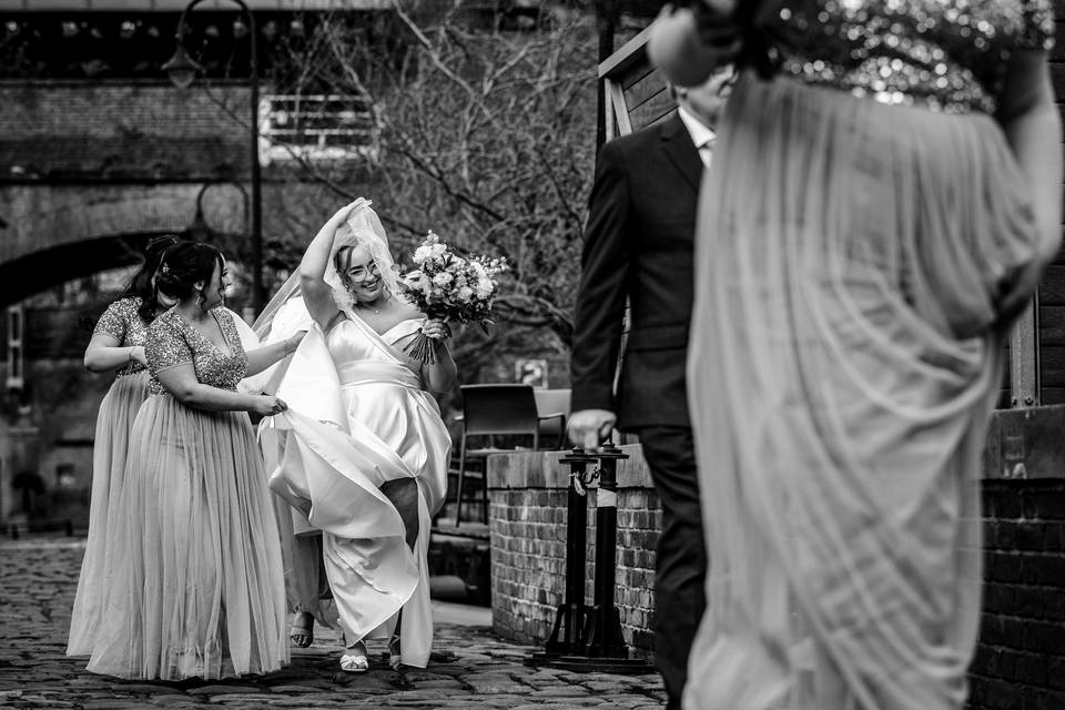 Wind catching brides veil at T