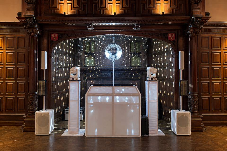 White set up with mirrorball