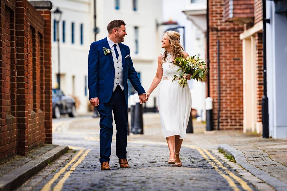 Bride and groom walking