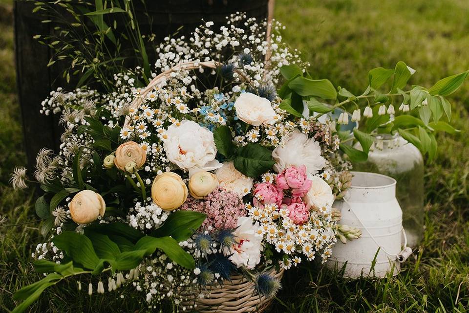 Floral display against barrel