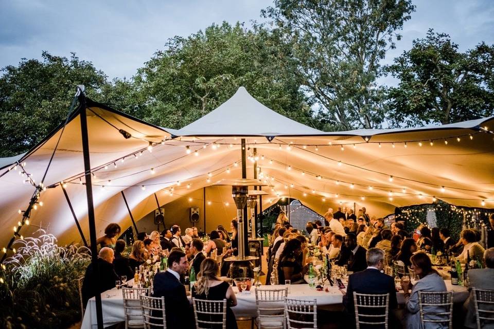 Stretch tent with string lights