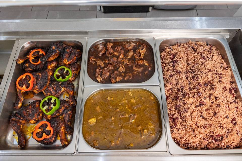 buffet food trays rice stew curry