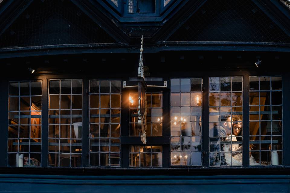 Romantic window wedding moment