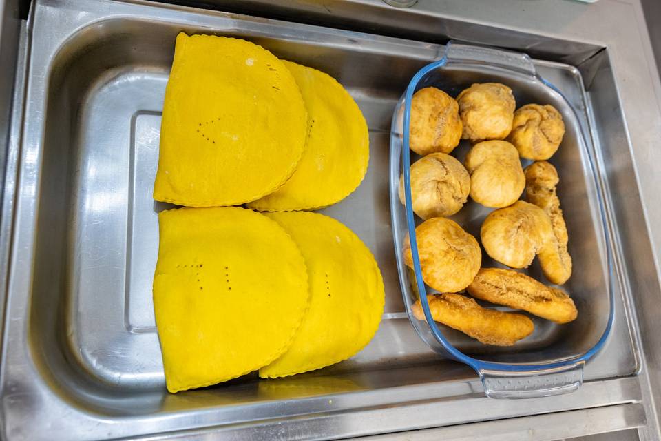 fried dumplings and yellow fritters
