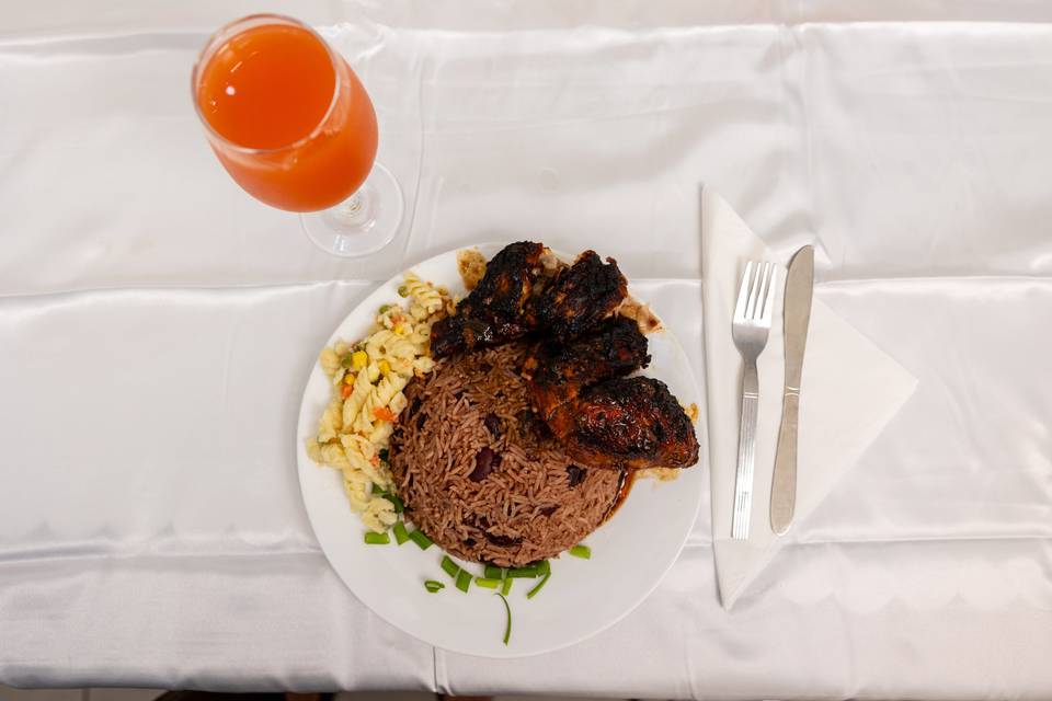 top view plated meal and juice glass