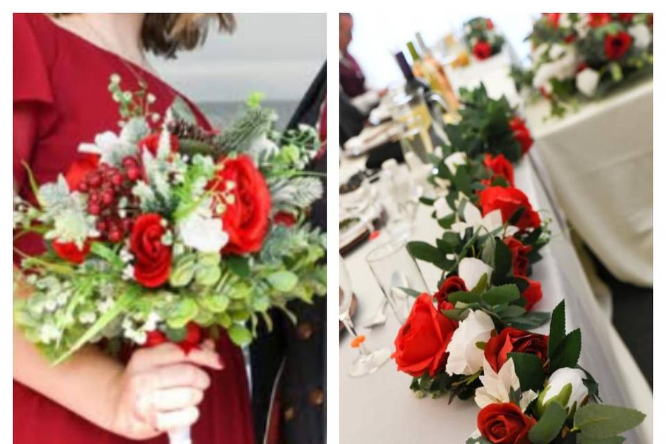 Bridesmaid bouquets and table