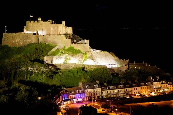 Mont Orgueil Castle lit up at night