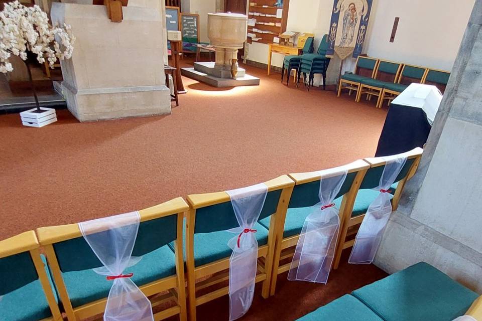 Church with white organza sash