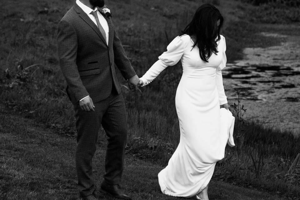 Bride and groom at lake