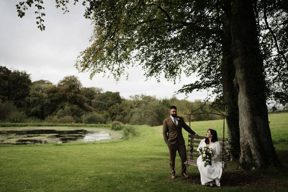 Bride and groom at lake