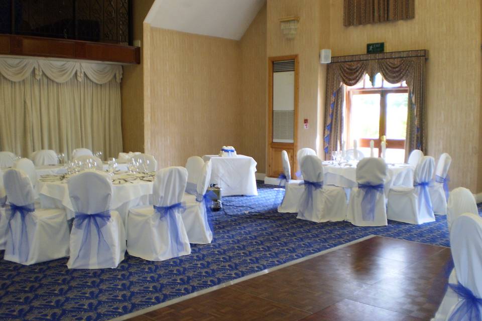 Top Table sashes shown in white on deep purple organza
