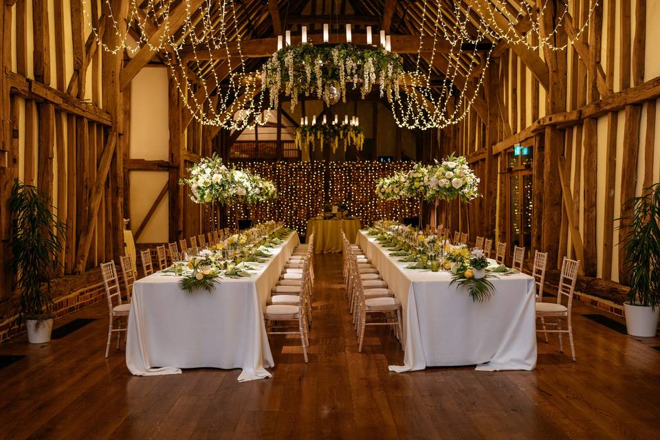 Banquet tables in barn