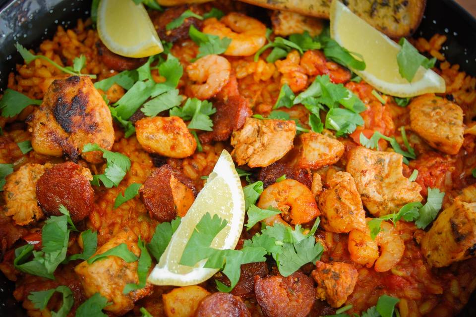 Prawn, chicken, chorizo paella