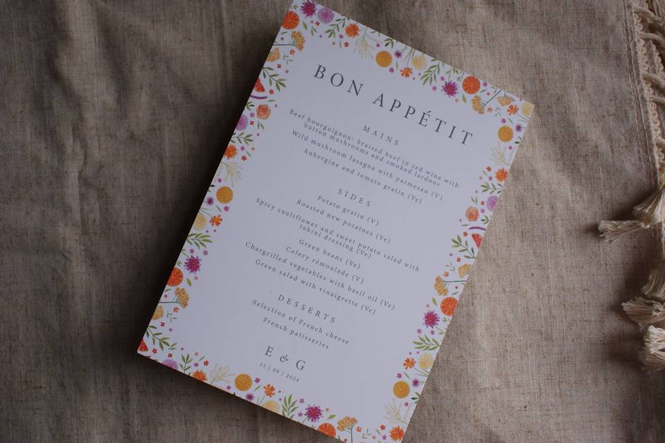 Bright and floral French menu