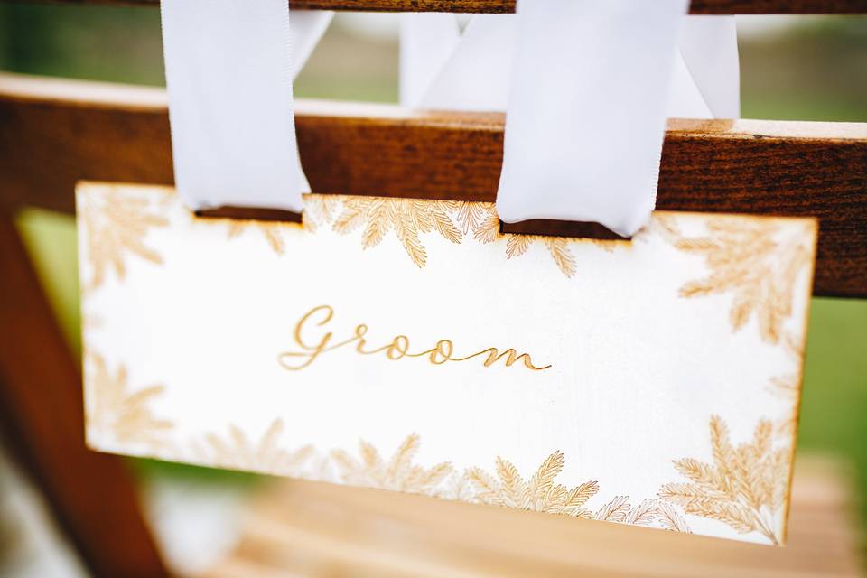 Groom's engraved wooden chair back