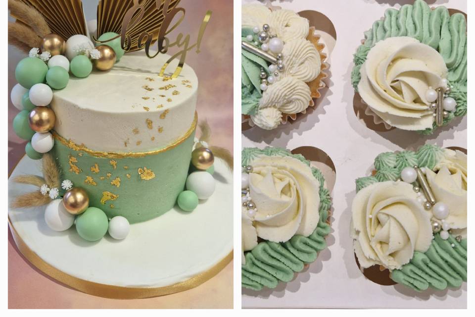 Cake and matching cupcakes