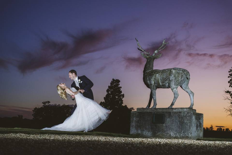 Newlyweds under a purple sky