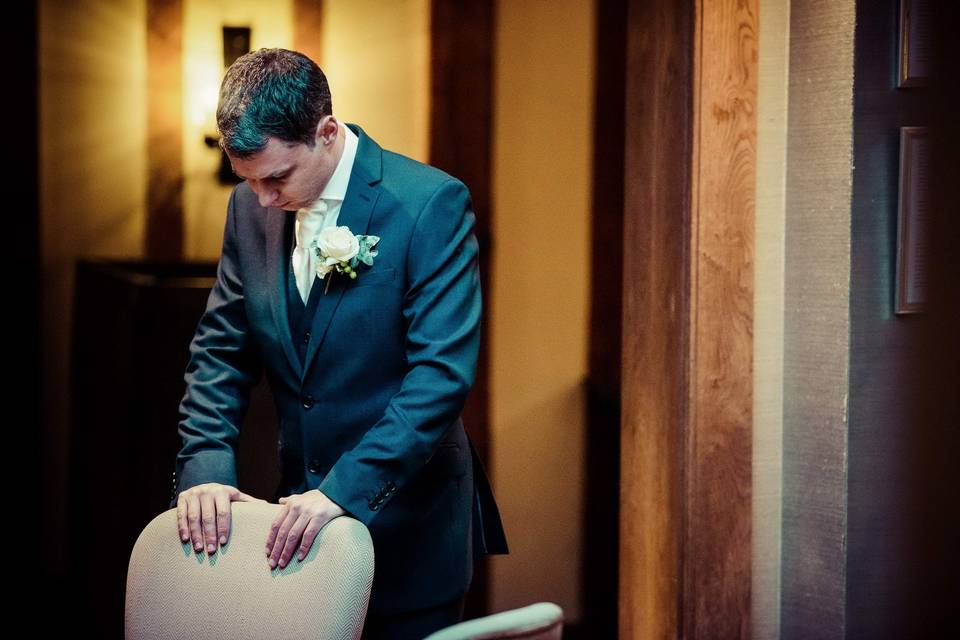 Candid moment of the groom before ceremony, The Swan Hotel, Lavenhamq