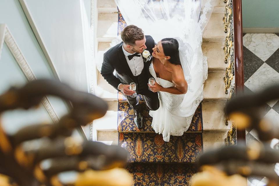 Newlyweds drinking champagne