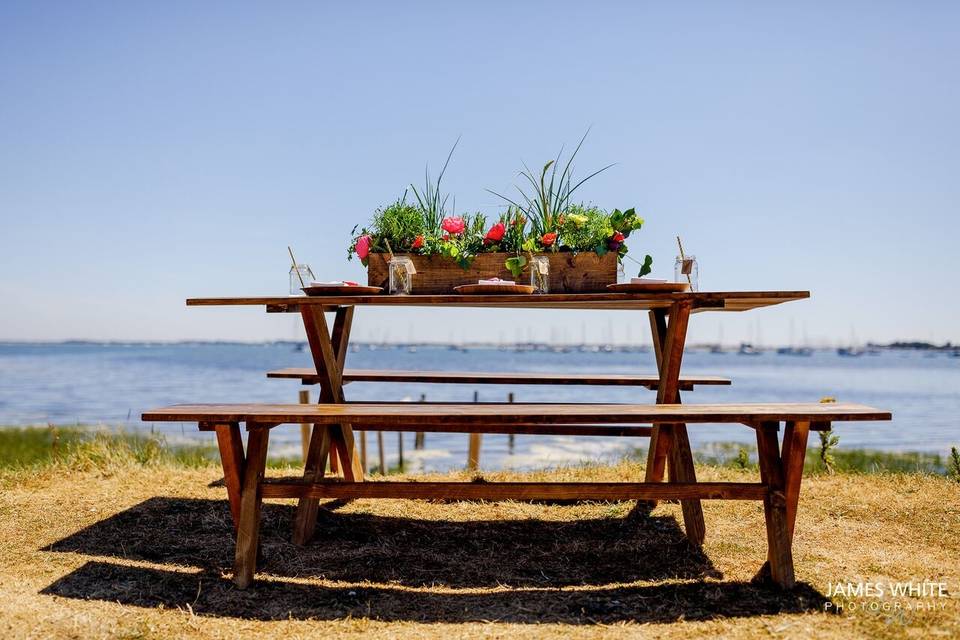 X Frame benches and table on shoot at Tournerbury Woods Estate