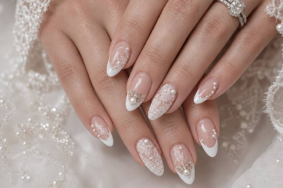 Almond french tips with pearls