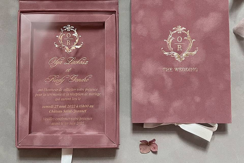 Dusty pink boxed invitations