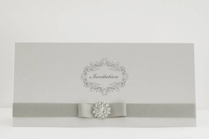 Tent fold invite with ribbon and embellishment