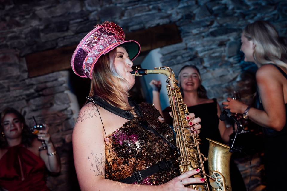 Sax player loving life