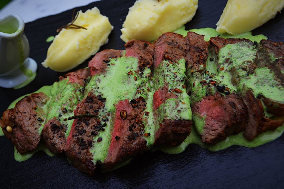 Ribeye, green peppercorn sauce