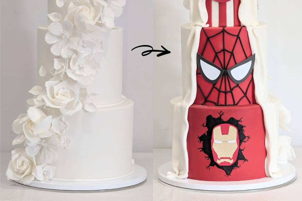 Superhero reveal wedding cake